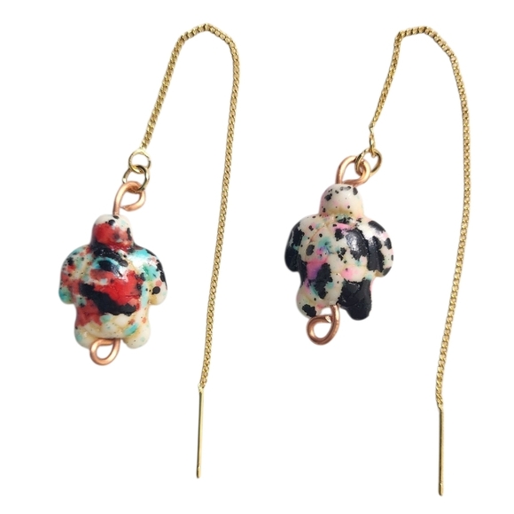 18K Gold Plated Sea Turtle Turquoise Threader Earrings Dainty - Picture 1 of 2